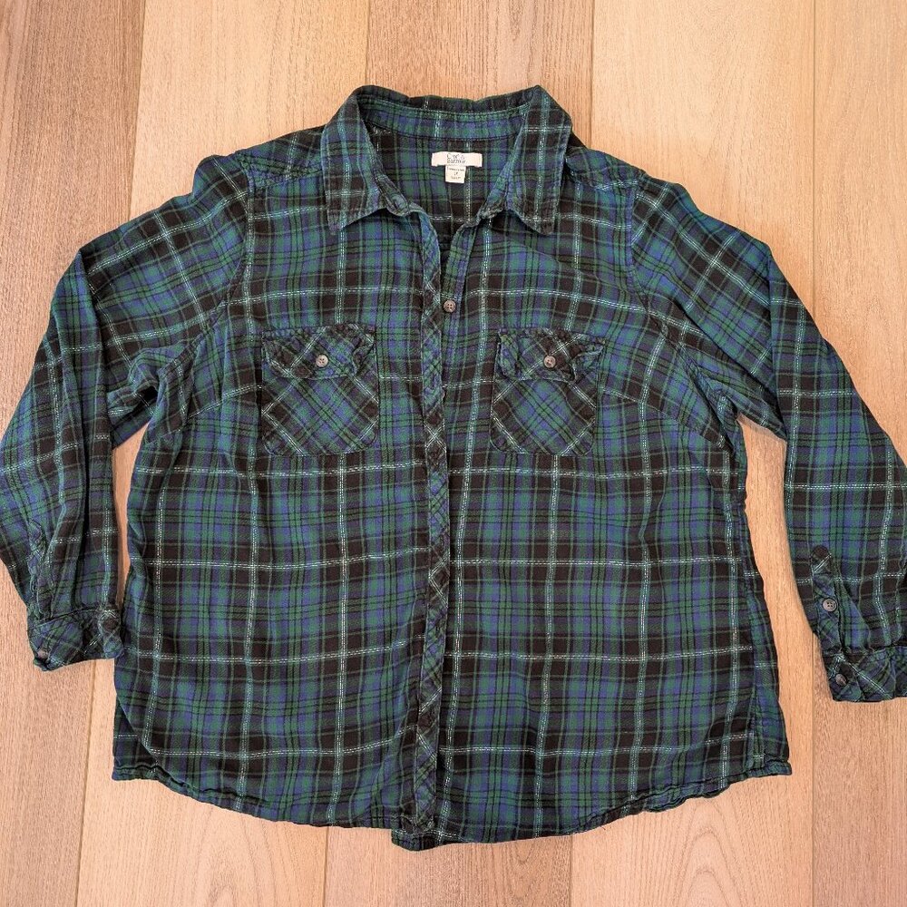 Croft & Barrow Women's 1X Flannel Long Sleeve Shirt - Blue, Green, Silver